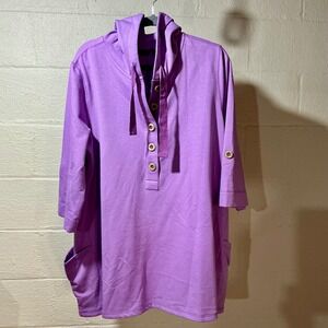 Susan Graver Weekend Women Purple Button Hoodie Tunic Pockets Roll Tab Sleeve 1X